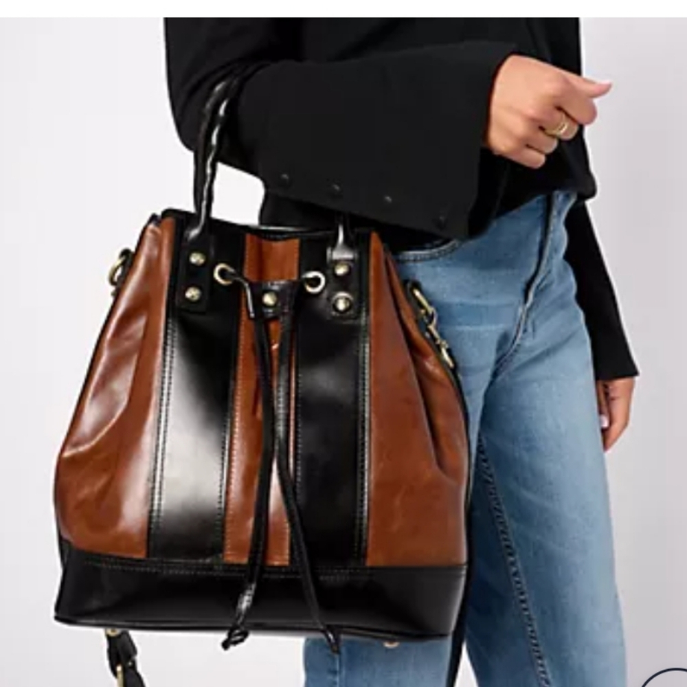 Patricia Nash Brown and Black Leather Drawstring Bucket Bag - Picture 4 of 16